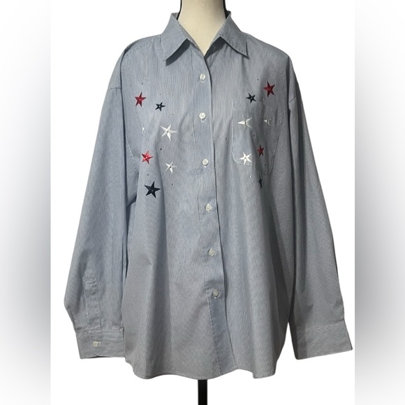 VTG PTNY Women’s size Large Button Down Long Sleeve Blue & White Striped Stars - Picture 1 of 11
